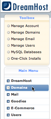 DreamHost navigation menu with "Domains" selected DreamHost navigation menu with "Domains" selected