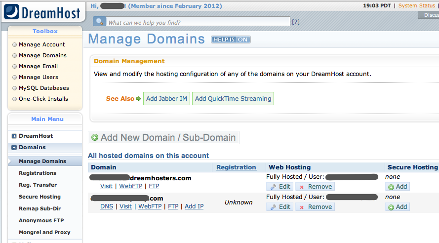 DreamHost "Manage Domains" screen DreamHost "Manage Domains" screen