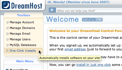 DreamHost navigation menu showing "One-Click Installs" DreamHost navigation menu showing "One-Click Installs"