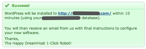 DreamHost One-Click Install "Success" message DreamHost One-Click Install "Success" message