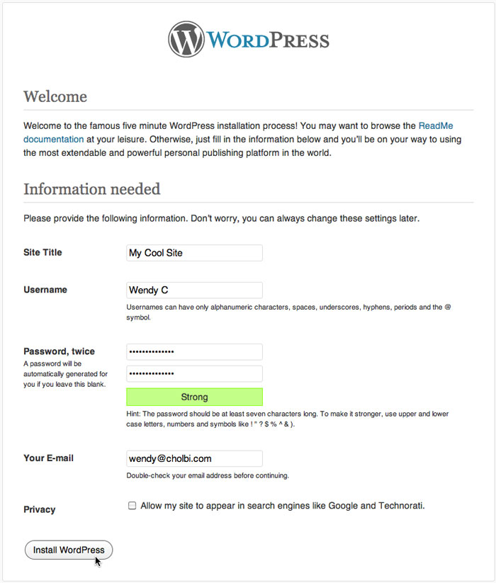 WordPress Installation Success WordPress Installation Success