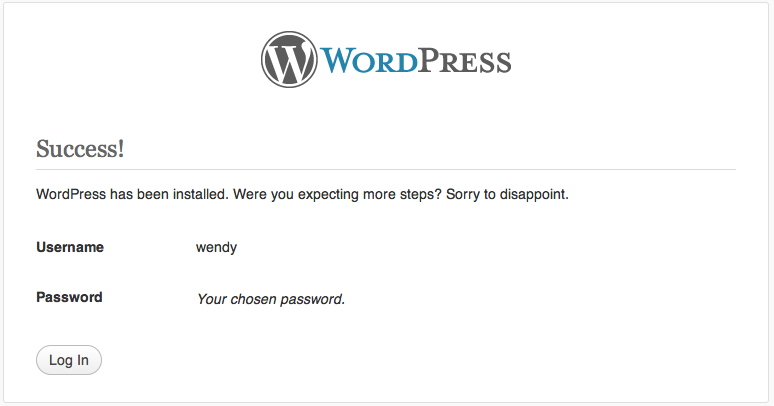 WordPress Installation Success WordPress Installation Success