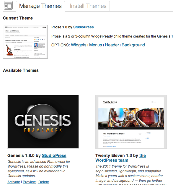 WordPress Manage Themes screen WordPress Manage Themes screen